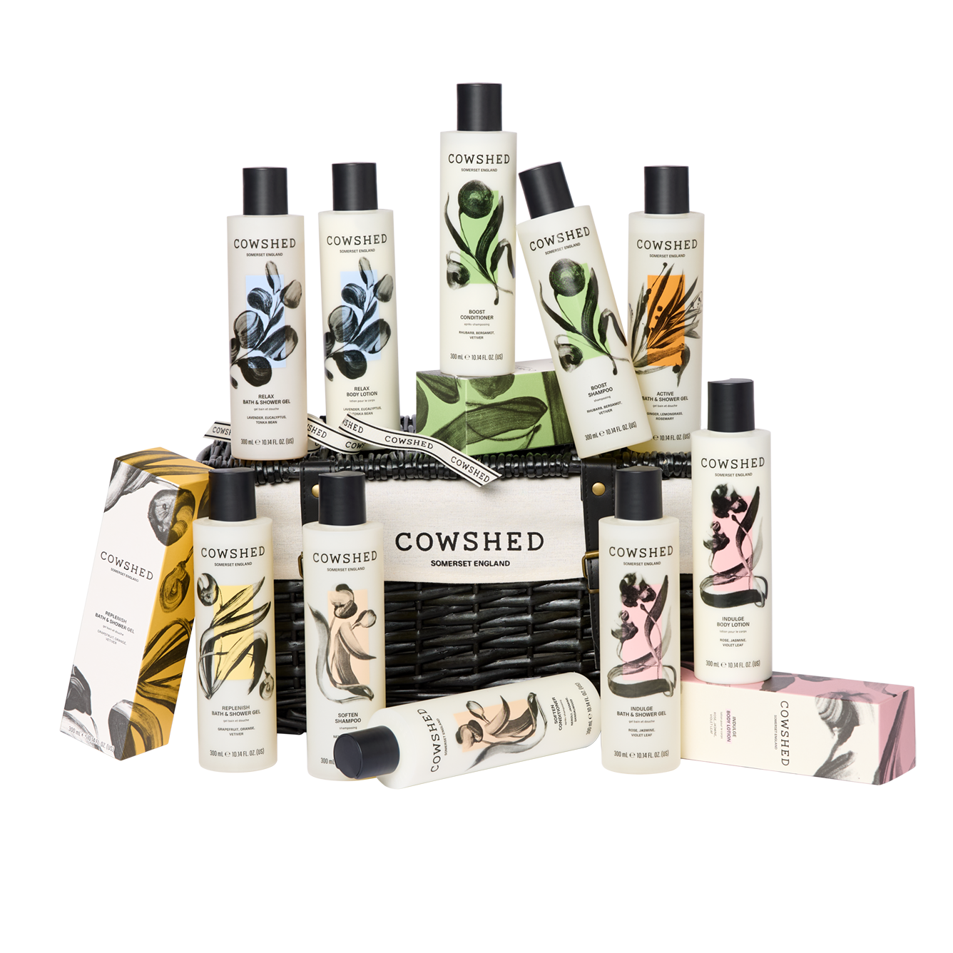 Cowshed product lineup including bottles, boxes, and a basket on a white background
