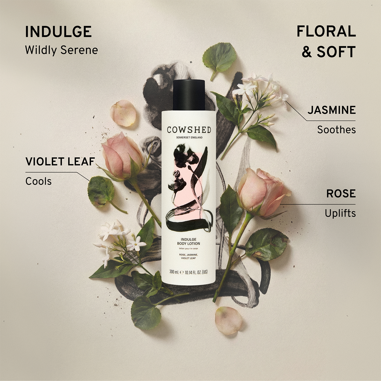 Cowshed Indulge body lotion surrounded by flowers with descriptive text on the floral and soft scent