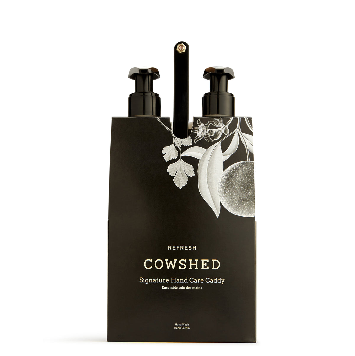 Cowshed hand care caddy with black pump bottles on a white background